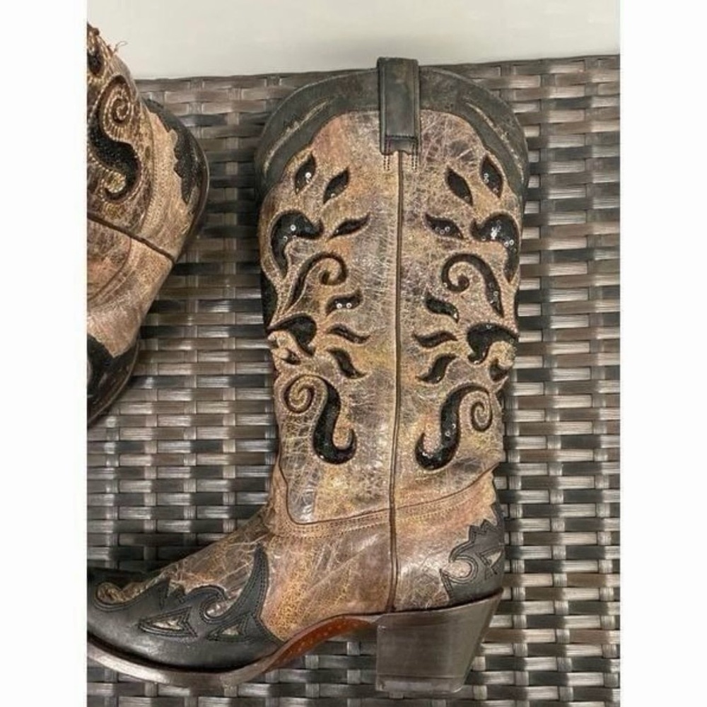Corral Distressed Leather Western Boots with sequin inlay fleur de lis Size 9 - Picture 3 of 8
